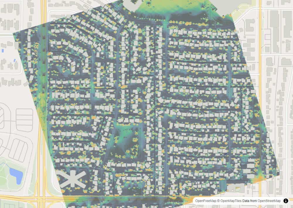 LandMood map of December sun hours in Chinook Park, Calgary, without street names