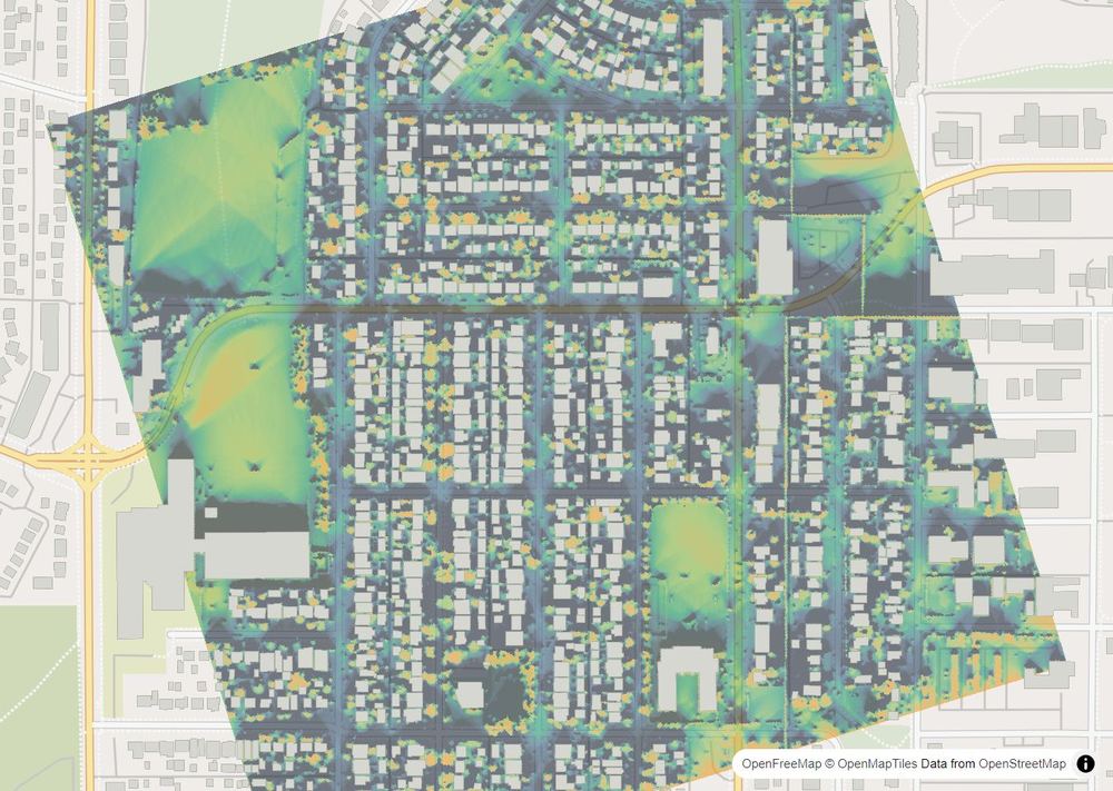 LandMood map of December sun hours in Highland Park, Calgary, without street names