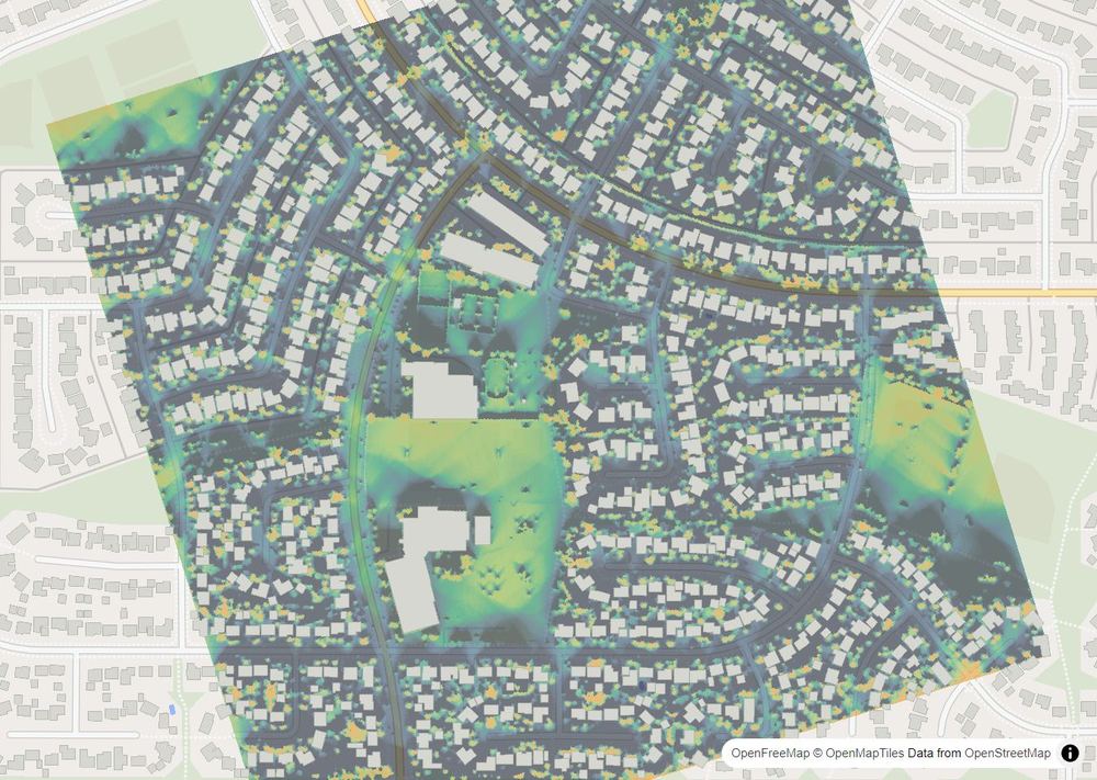 LandMood map of December sun hours in Oakridge, Calgary, without street names