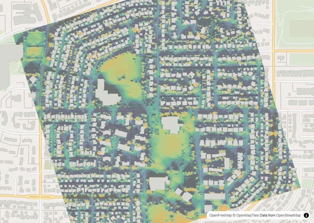 LandMood map of December sun hours in Pineridge, Calgary, without street names
