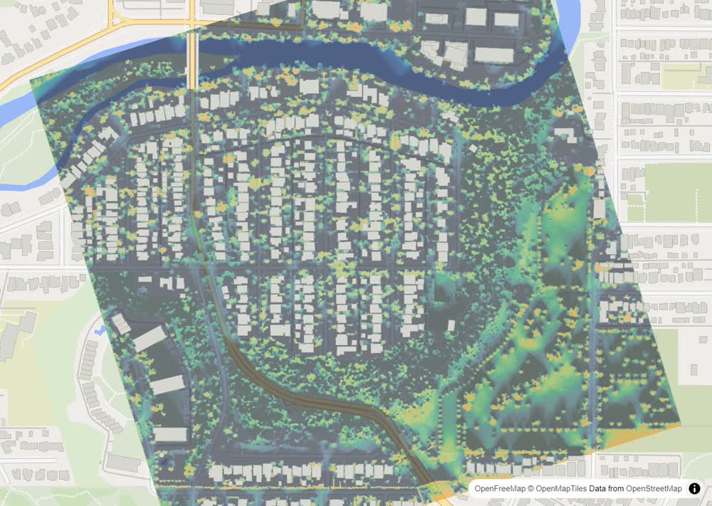 LandMood map of December sun hours in Roxboro, Calgary, without street names