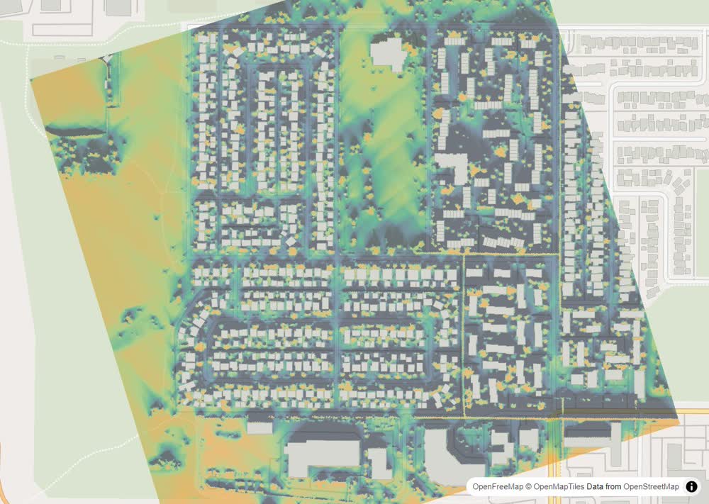 LandMood map of December sun hours in Vista Heights, Calgary, without street names