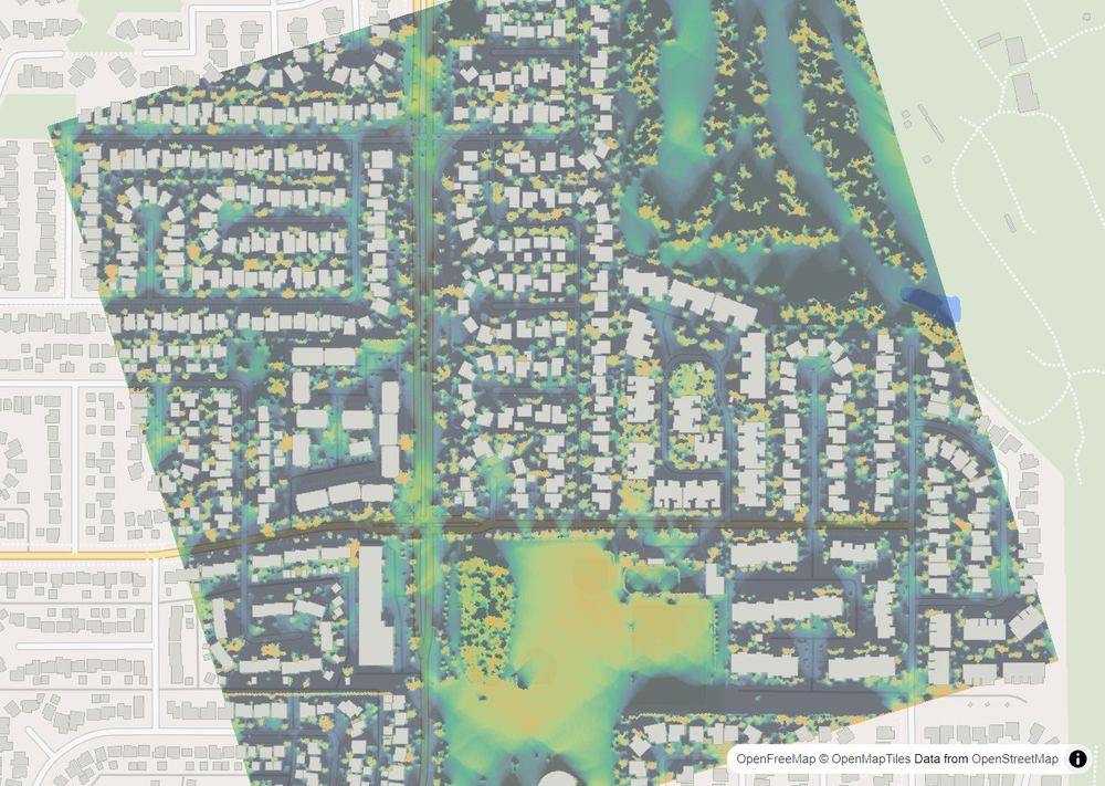LandMood map of December sun hours in Woodlands, Calgary, without street names
