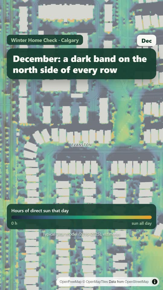 LandMood map of December sun hours in a Calgary neighbourhood: front yards on the north side of the houses are dark