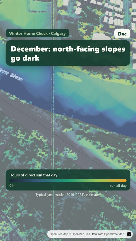 LandMood map of December sun hours along the Bow River in Calgary: the north-facing bank is dark, the south-facing bank is bright