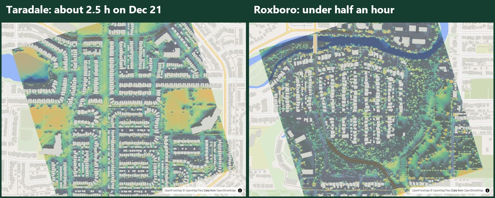 LandMood maps of December sun hours in Taradale and Roxboro, Calgary, without street names: most ground in Taradale is lit, most in Roxboro is dark