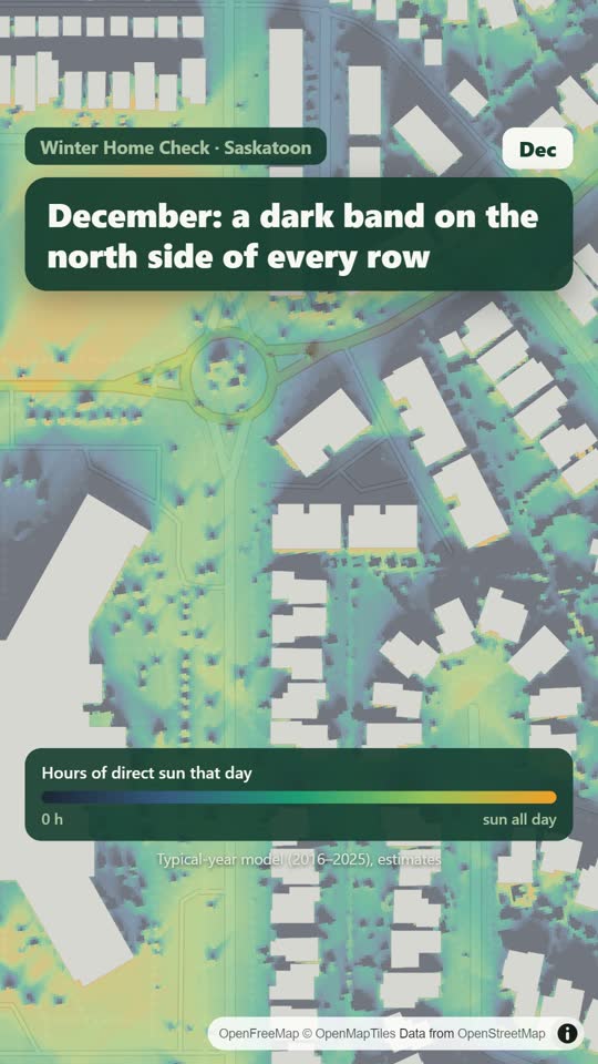 LandMood map of December sun hours in a Saskatoon neighbourhood