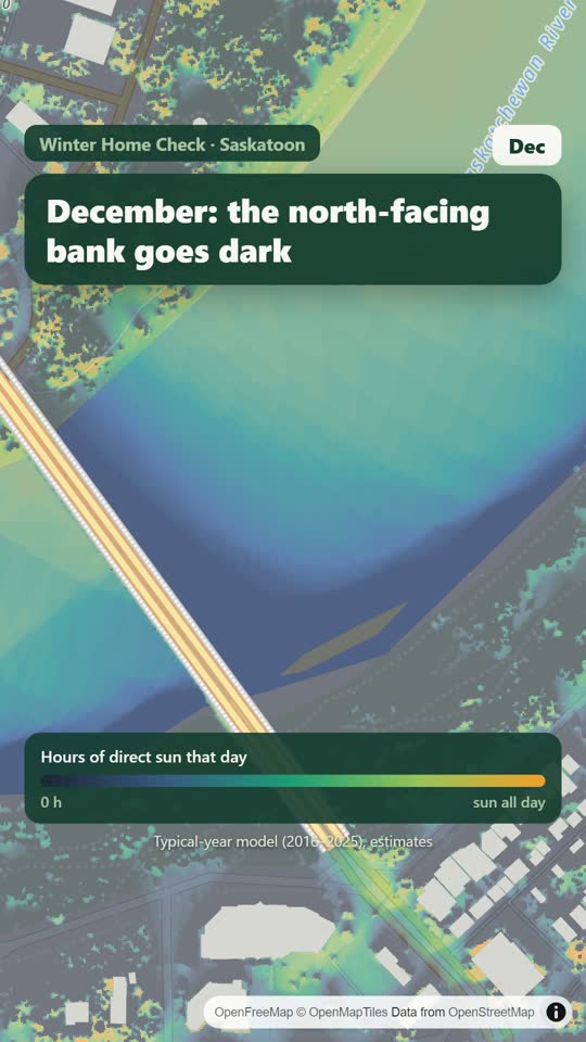 LandMood map of December sun hours on the South Saskatchewan River banks near Nutana in Saskatoon