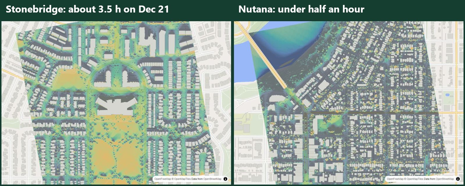 LandMood maps of December sun hours in Stonebridge and Nutana, Saskatoon, without street names: most ground in Stonebridge is lit, most in Nutana is dark