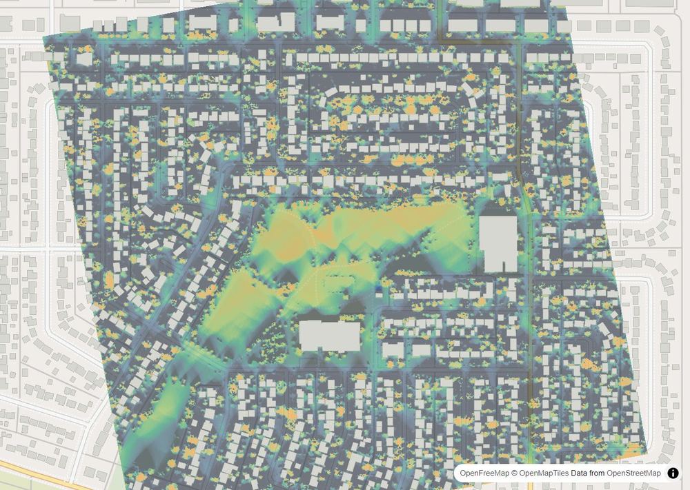 LandMood map of December sun hours in Brevoort Park, Saskatoon, without street names
