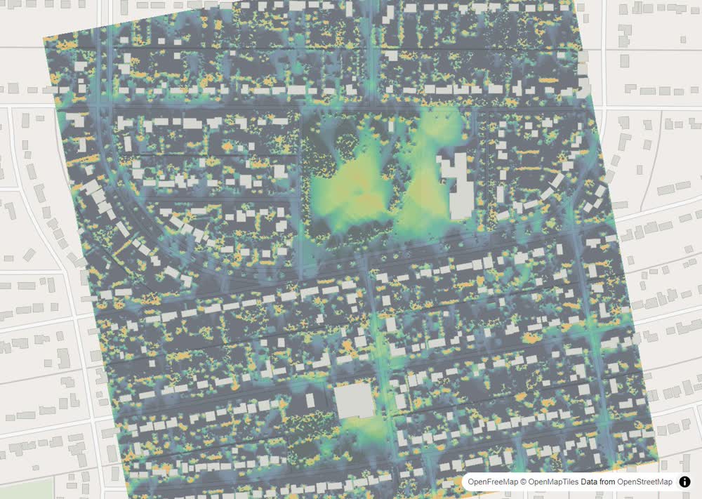 LandMood map of December sun hours in Montgomery Place, Saskatoon, without street names