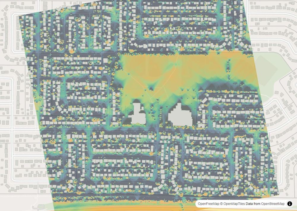 LandMood map of December sun hours in Pacific Heights, Saskatoon, without street names