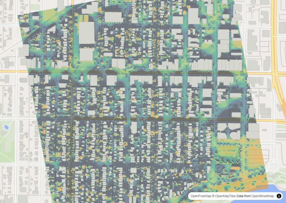 LandMood map of December sun hours in Riversdale, Saskatoon, without street names